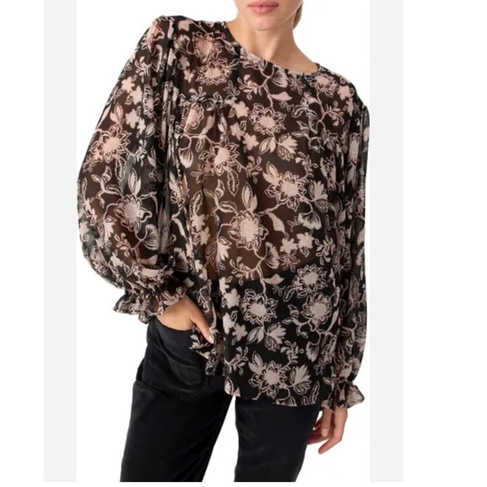 Sanctuary Womens Black Tan Floral Sheer Long Sleeve Blouse Keyhole Back XS Boho